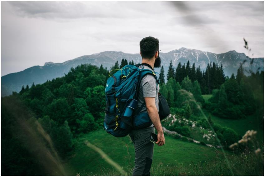 A male hiker explores lush Romanian mountain scene