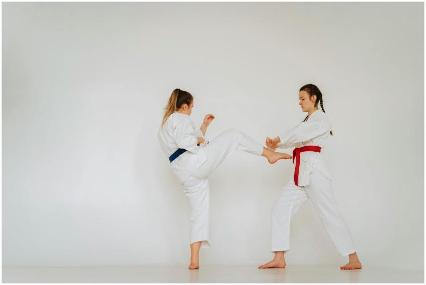 Two women engaged in martial arts training in a st