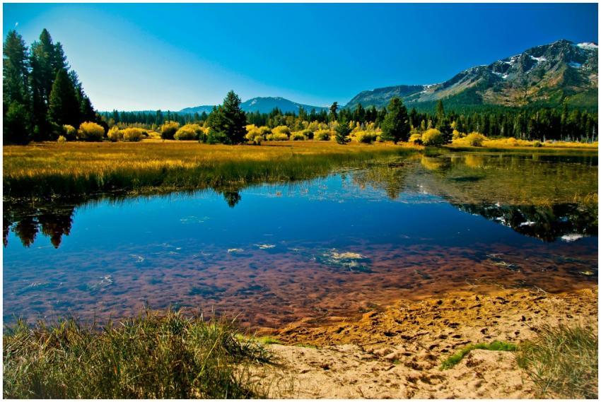 Tranquil mountain lake scene with clear reflection