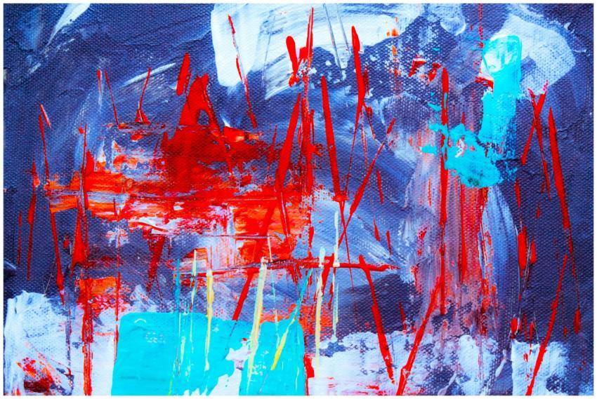 Dynamic abstract painting with vivid red and blue