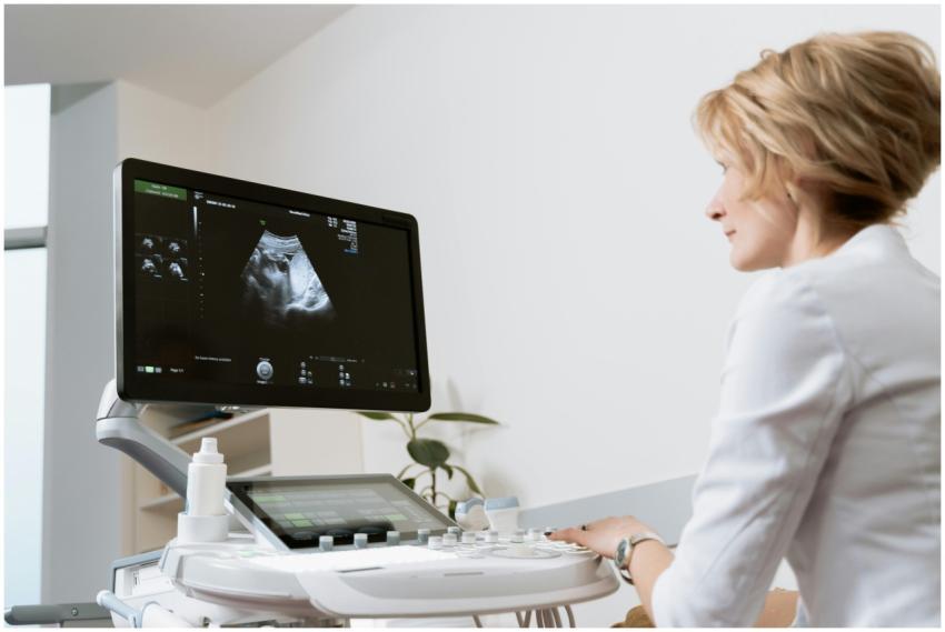 Female doctor using ultrasound scanner in modern m