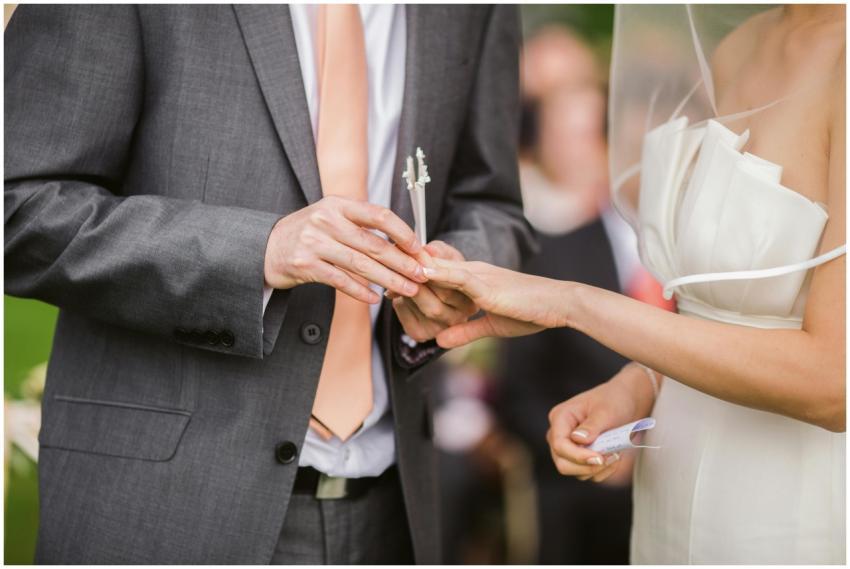 Close-up of a bride and groom exchanging rings dur