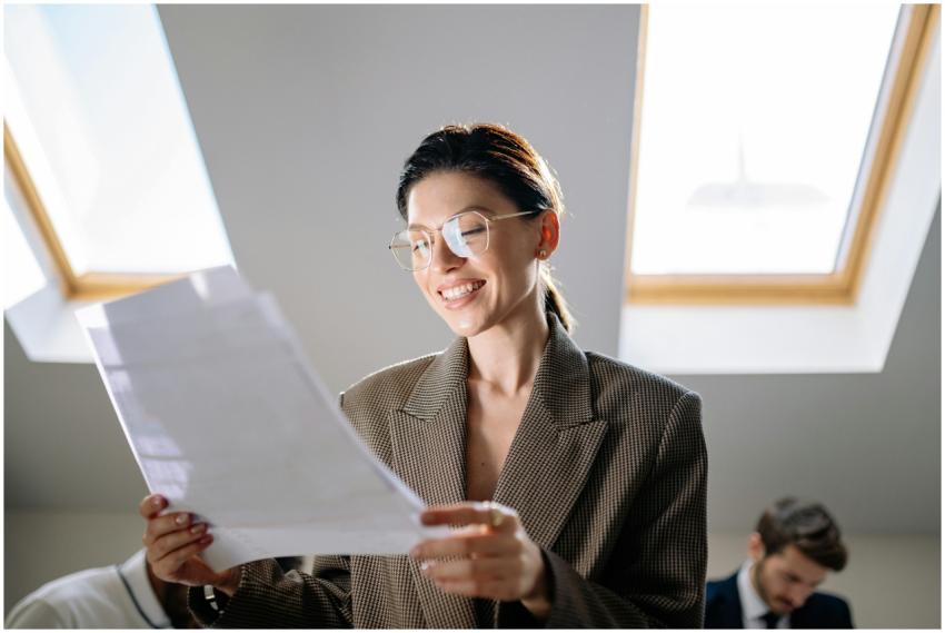 Smiling woman wearing eyeglasses examining paperwo