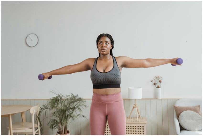 Black woman in activewear performing arm exercises