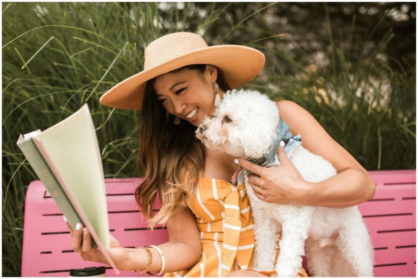 Woman enjoys a summer day reading with her dog on