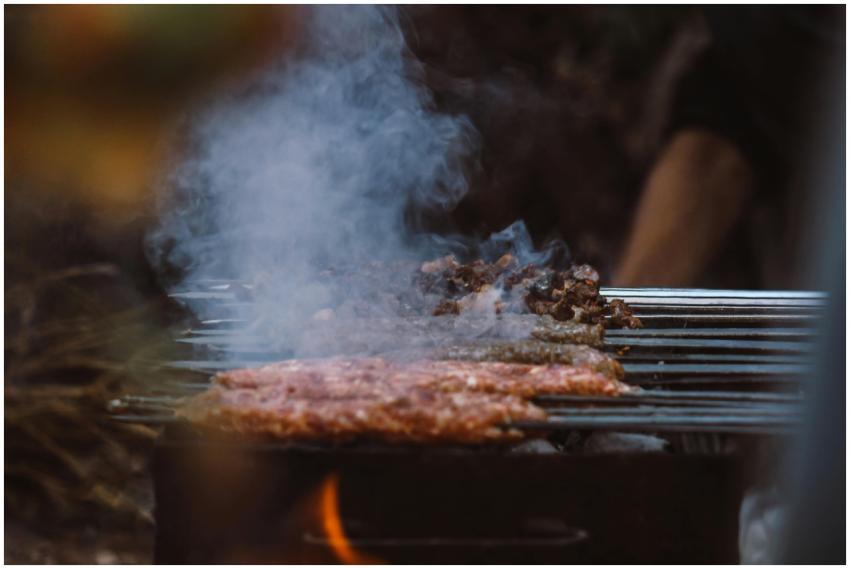 Tasty meat skewers grilling over open flame with s