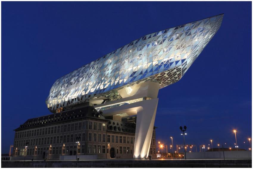 Illuminated Havenhuis in Antwerp, Belgium, showcas