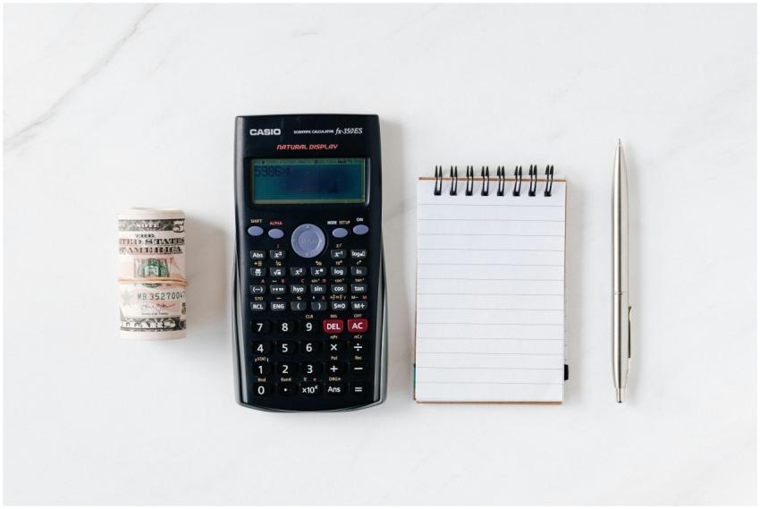 Top view of financial tools including a calculator