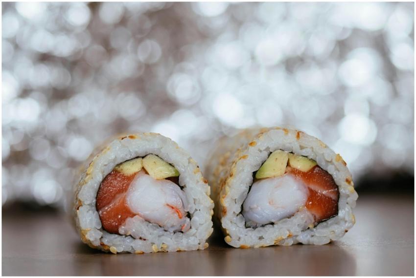 Delicious sushi rolls featuring salmon, avocado, a