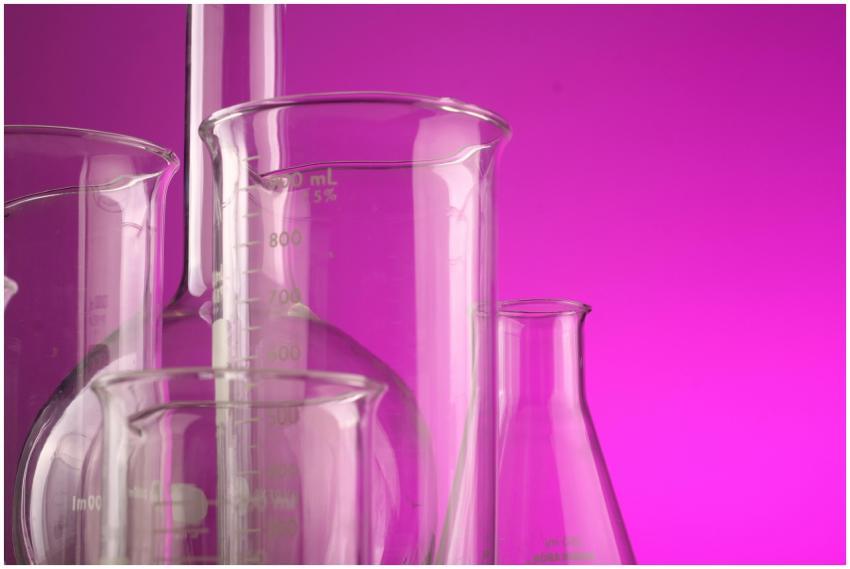 Clear glass laboratory flasks with volume measurem