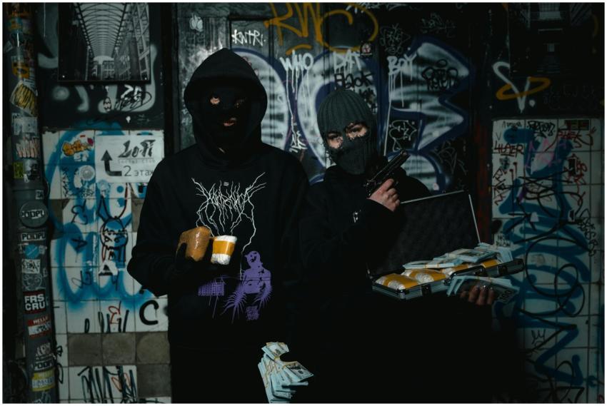 Two masked individuals holding packages and a gun