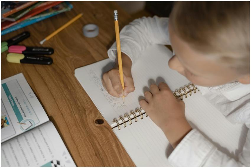 A young boy intensely focused on writing in a note