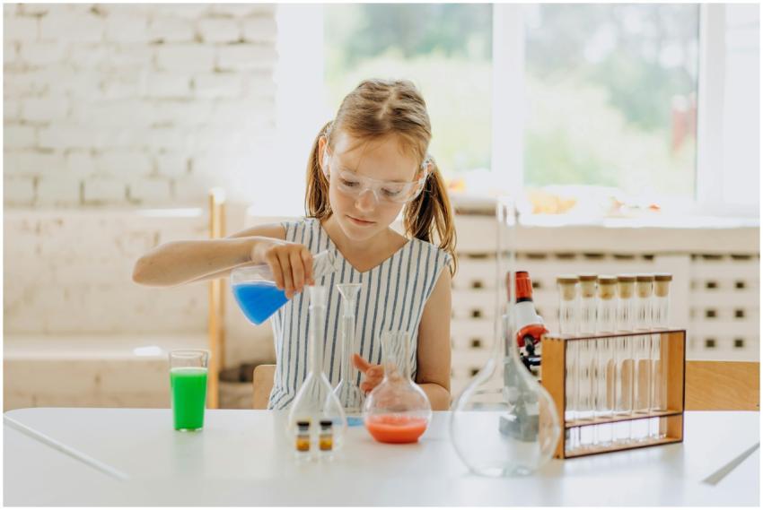 A girl conducting a science experiment with flasks