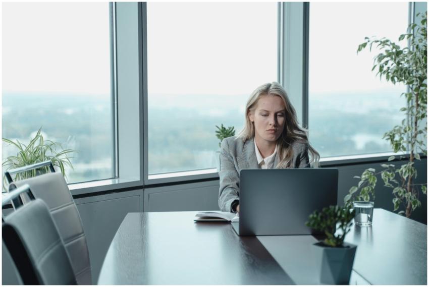 Professional woman working at a laptop in a modern