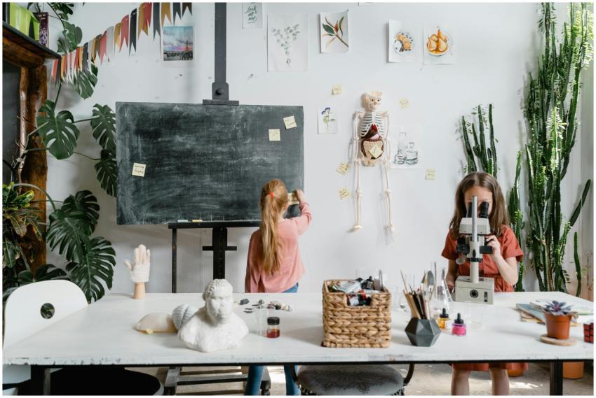 Young girls exploring science with a microscope in