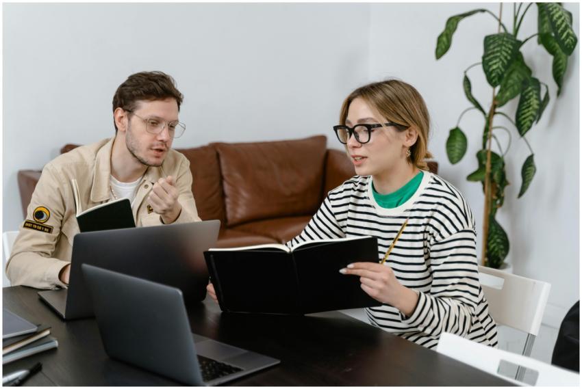 Two colleagues engaged in a brainstorming session