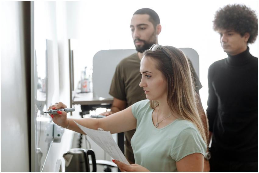 Three young professionals brainstorming on a white