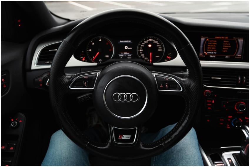 Close-up view of an Audi car steering wheel and da