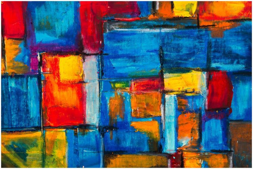 Colorful abstract painting with vivid blue, red, a