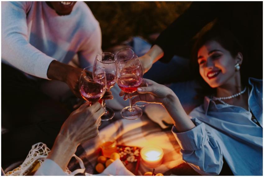 A group of friends enjoys an evening picnic, toast