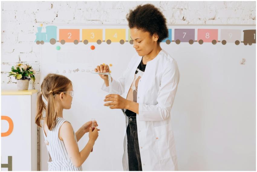 A teacher guides a child through a fun and educati