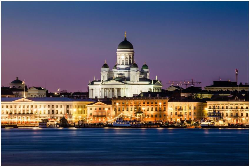 A stunning view of Helsinki Cathedral glowing at d