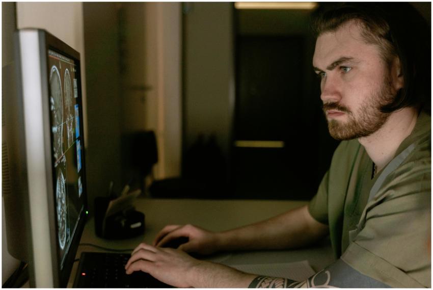 Radiologist intensely studies CT scan results on c