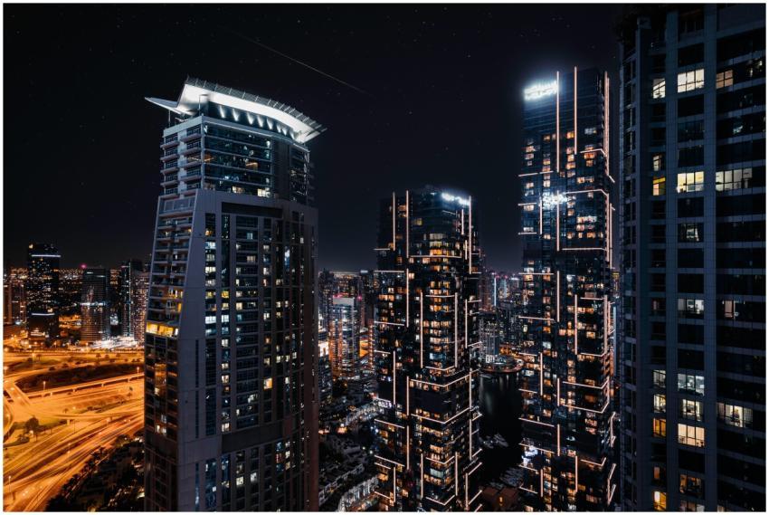 Stunning view of Dubai's modern skyline at night w
