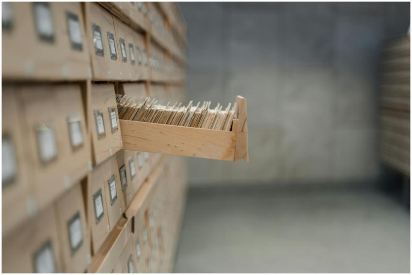 A vintage card catalog drawer in an archive librar