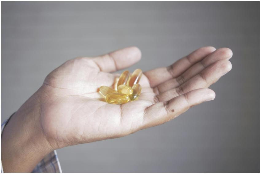 Hand holding yellow capsules, representing supplem