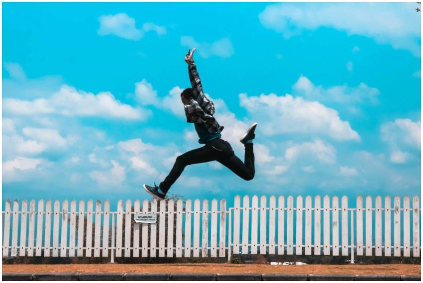 Mid-air capture of a person leaping in front of a