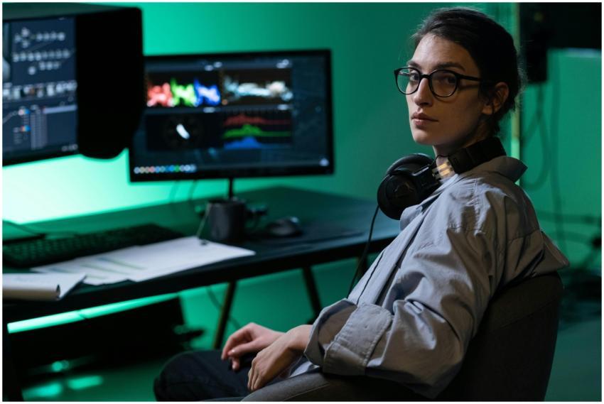 A focused young woman working with computer monito