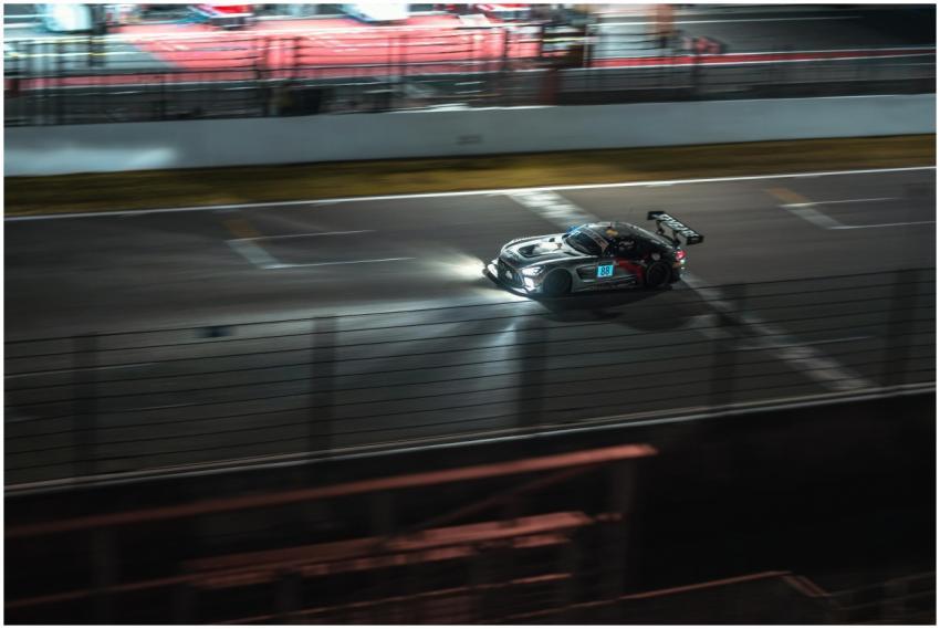 Dynamic night shot of a sports car racing at Spa-F