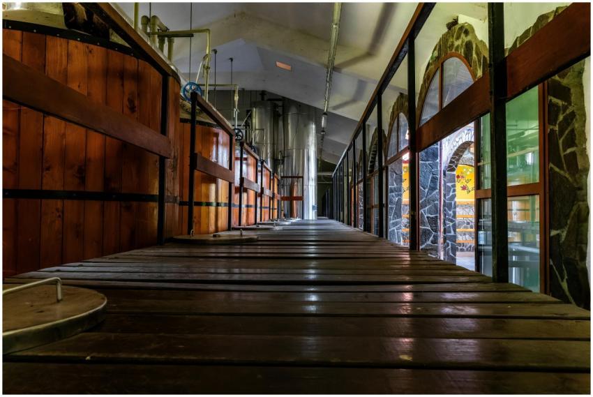 Wide-angle view of a rustic brewery interior showc