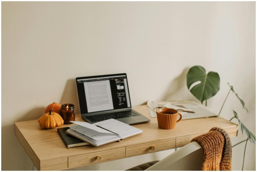 Warm and inviting home office with autumn decor, l