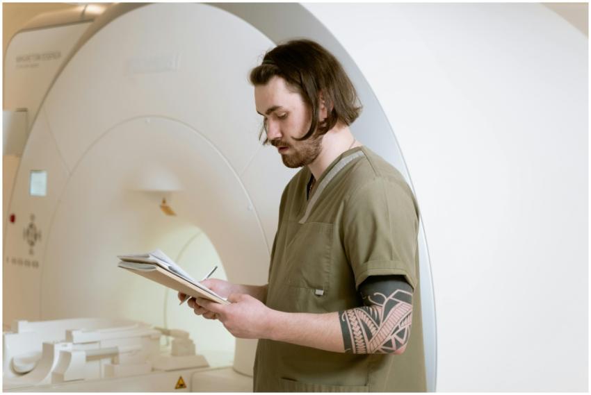 Radiology technician taking notes beside an MRI ma