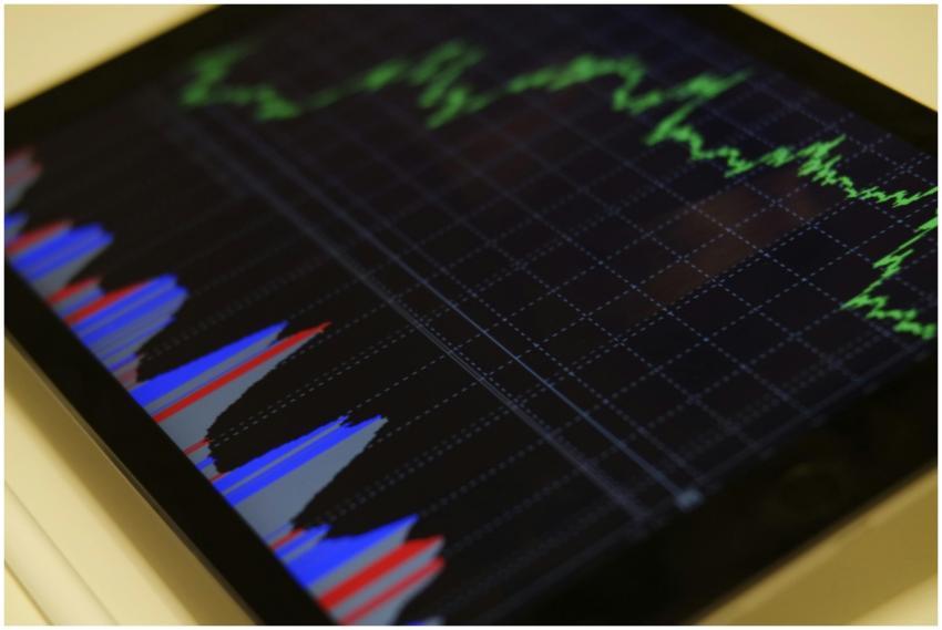 Close-up of a tablet displaying stock market analy