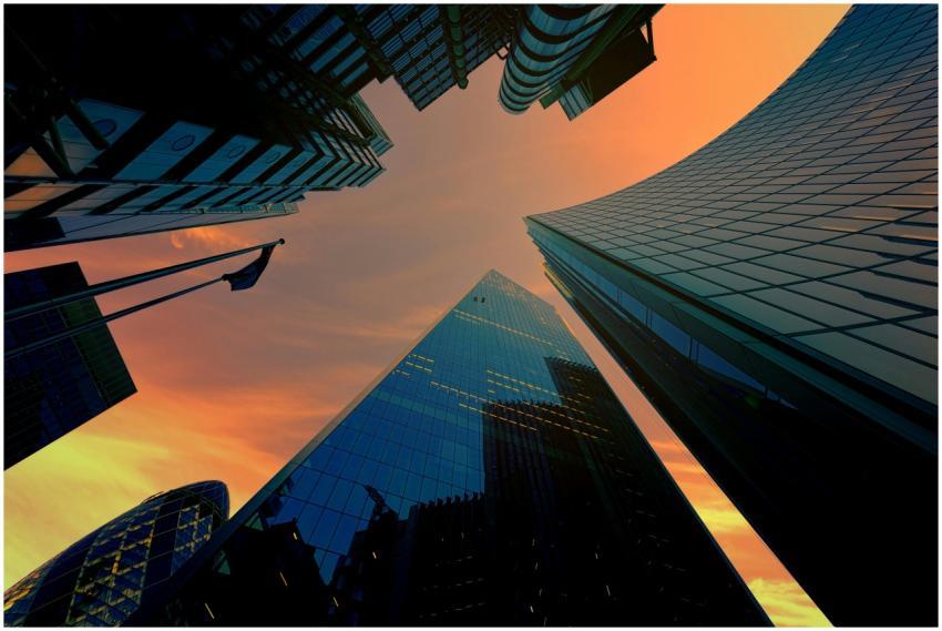 Low angle view of modern skyscrapers against a vib