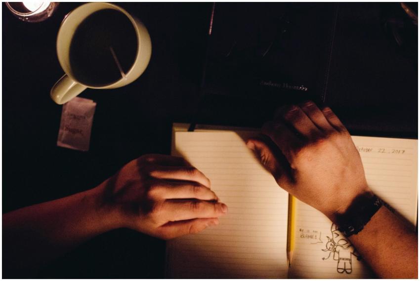 A person writing in a notebook with a coffee cup n