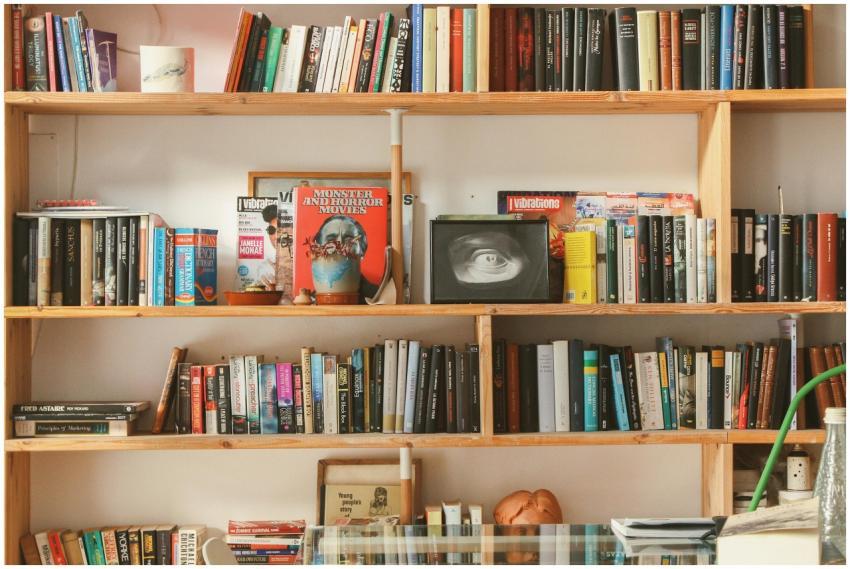 Wooden bookshelf filled with diverse books and dec
