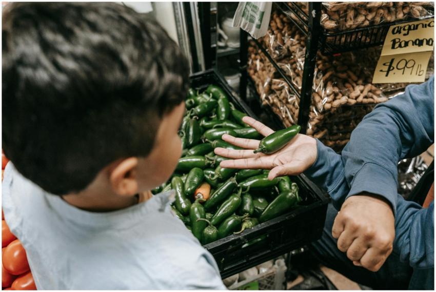 Young boy holding a green pepper at a market, expl