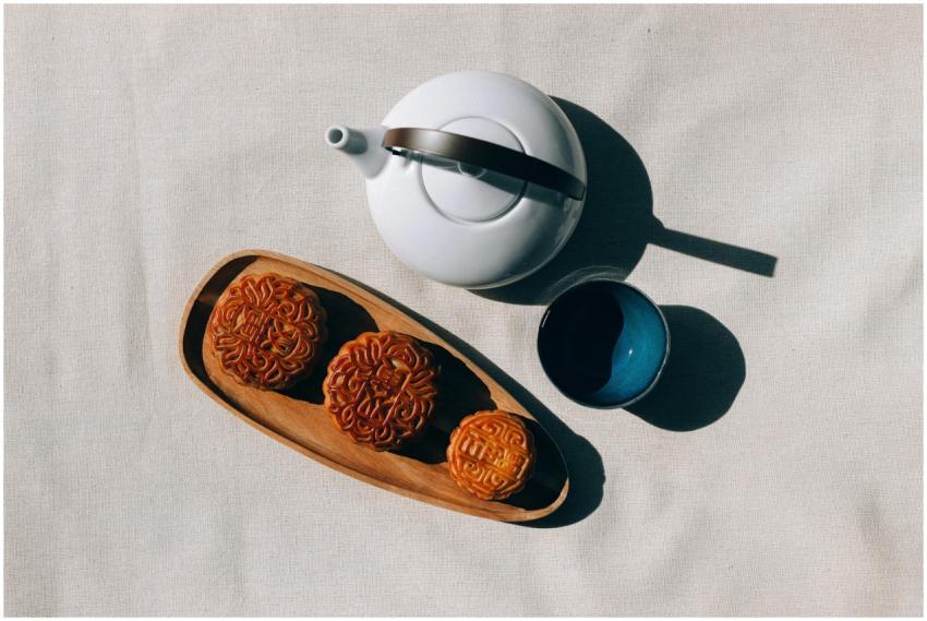 Overhead view of mooncakes with teapot and cup, pe