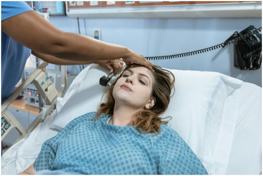 A female patient in a hospital bed undergoing a ch