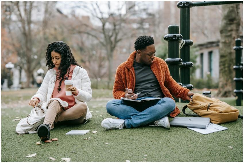 Two students study outdoors in a park, enjoying co