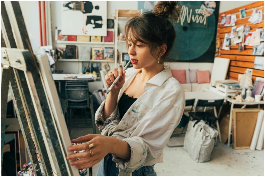 Female artist in a studio, contemplating her next