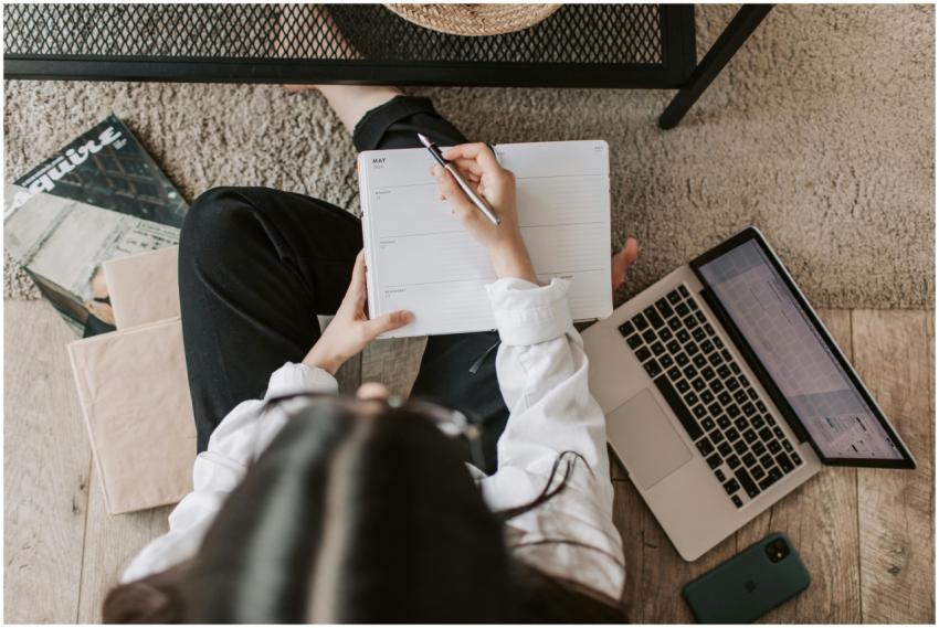 Top view of anonymous woman in casual wear sitting