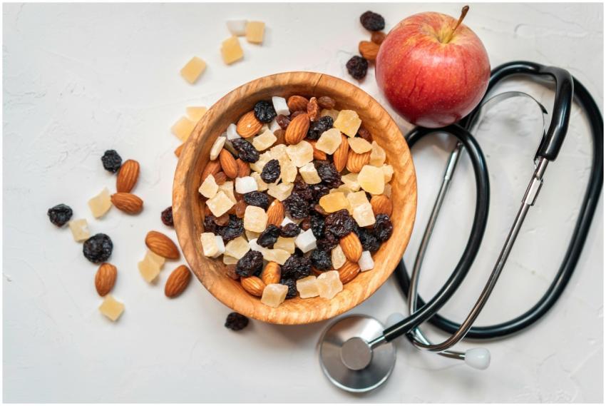 Top view of a mixed nut and dried fruit bowl with