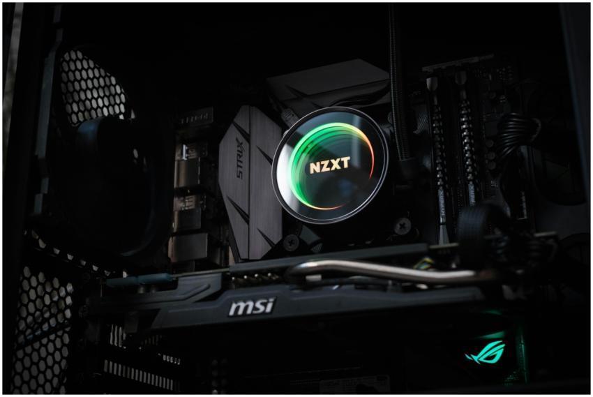 Detailed view of an illuminated NZXT cooler inside