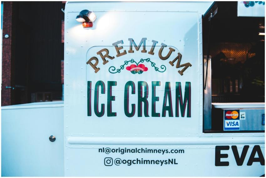 Close-up of a branded ice cream truck featuring pa