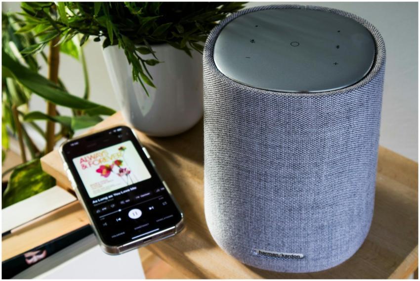 Bluetooth speaker and smartphone playing music on